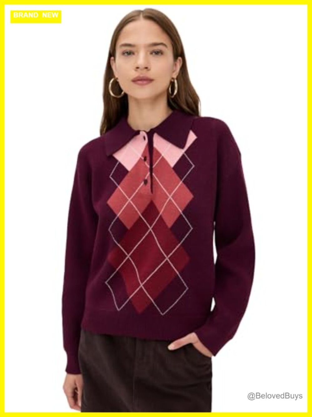 Argyle Knit Sweater Long Sleeve Polo Neck Preppy Winter Pullover